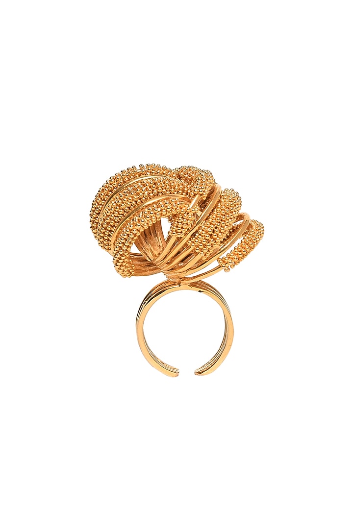 Gold Rhodium Finish Hand-Knotted Ball Chain Embellished Spiral Granthi Ring by Itrana By Sonal Gupta at Pernia's Pop Up Shop
