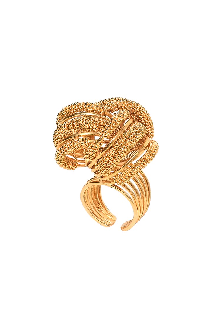 Gold Rhodium Finish Hand-Knotted Ball Chain Embellished Spiral Granthi Ring by Itrana By Sonal Gupta at Pernia's Pop Up Shop