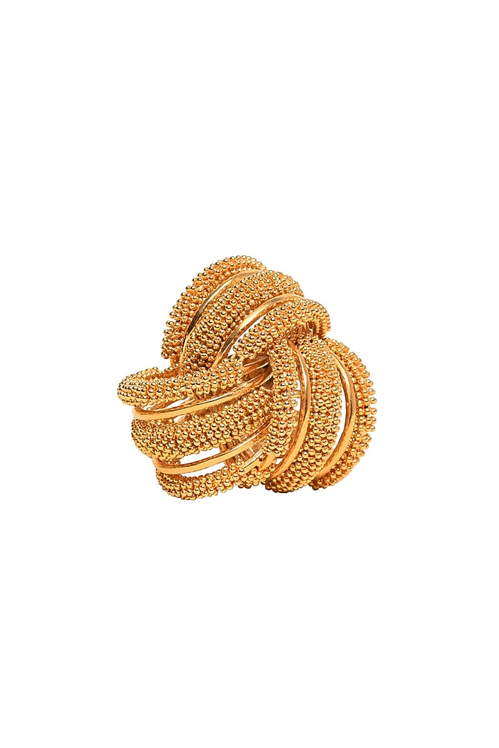 Gold Rhodium Finish Hand-Knotted Ball Chain Embellished Spiral Granthi Ring by Itrana By Sonal Gupta at Pernia's Pop Up Shop