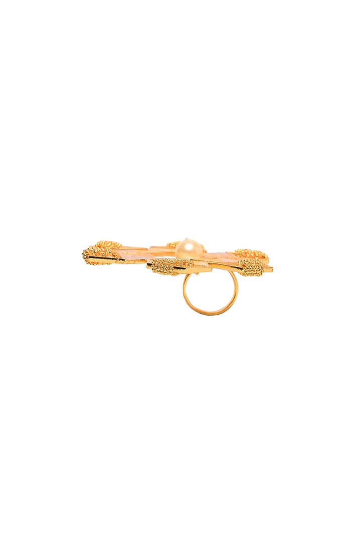 Gold Rhodium Finish Pink Agate Stone Adjustable Floral Ring by Itrana By Sonal Gupta at Pernia's Pop Up Shop