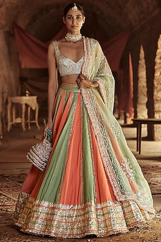 Peach & Mint Embroidered Lehenga Set by ITRH