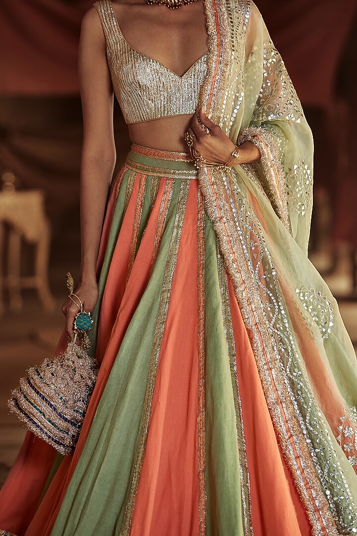 Peach & Mint Embroidered Bridal Lehenga Set by ITRH at Pernia's Pop Up Shop