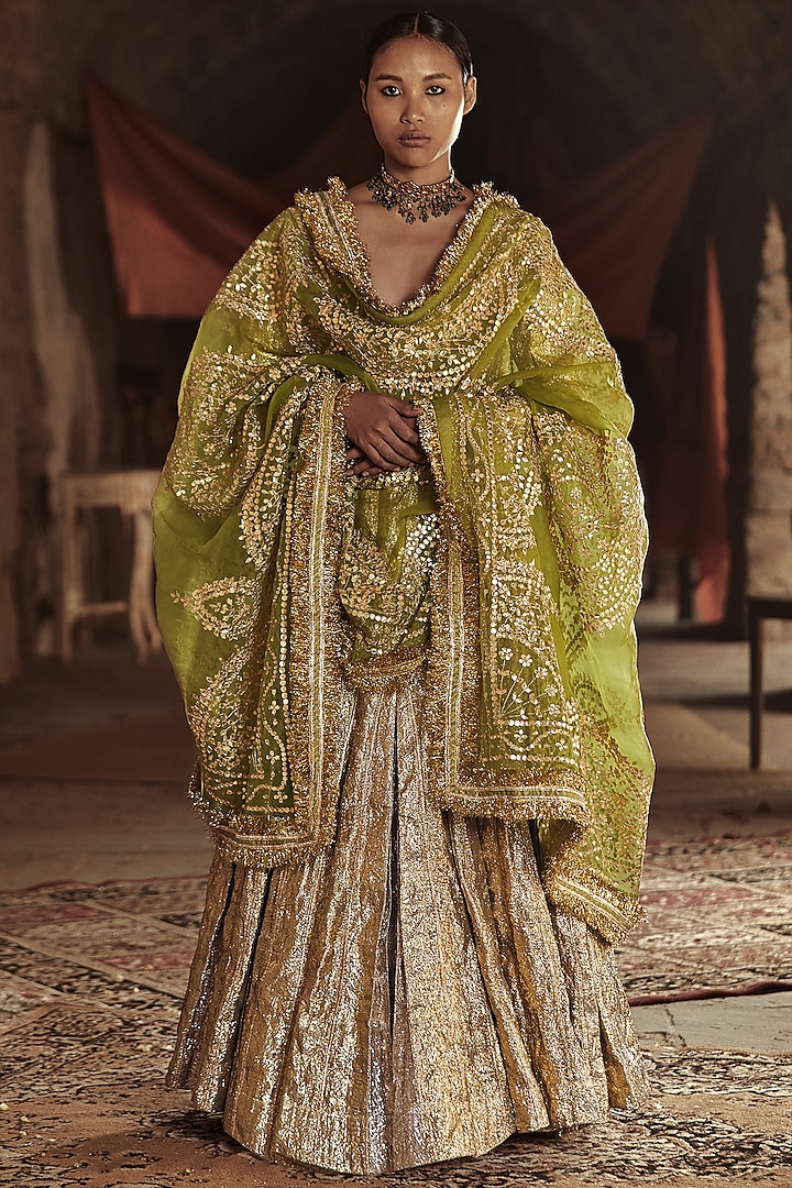 Gold & Olive Green Embroidered Lehenga Set by ITRH at Pernia's Pop Up Shop