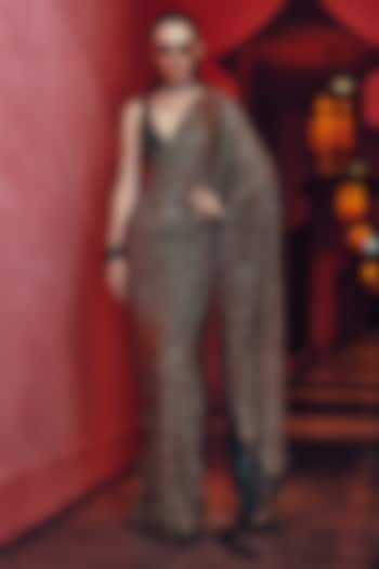 Black & Gold Net Leopard Printed Pre-Draped Bridal Saree Set by ITRH at Pernia's Pop Up Shop