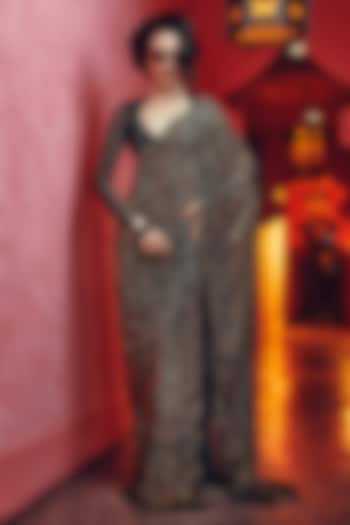 Black & Gold Net Tiger Printed Bridal Saree Set by ITRH at Pernia's Pop Up Shop