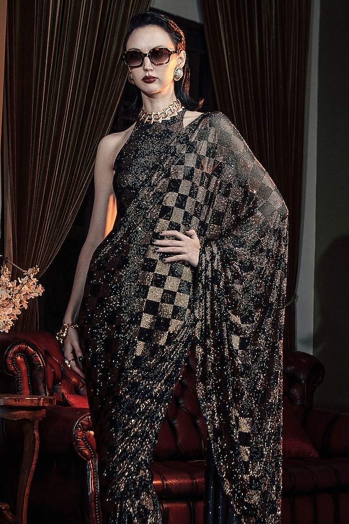Black & Gold Net Checks Printed Bridal Saree Set by ITRH at Pernia's Pop Up Shop