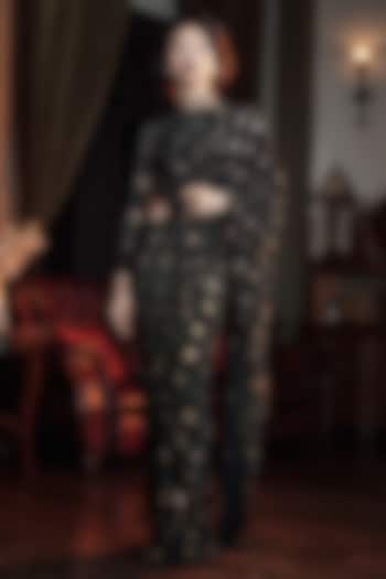 Black & Gold Net Polka Dot Printed Bridal Saree Set by ITRH at Pernia's Pop Up Shop