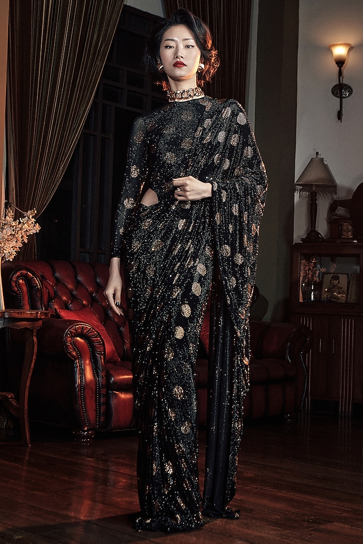 Black & Gold Net Polka Dot Printed Bridal Saree Set by ITRH at Pernia's Pop Up Shop