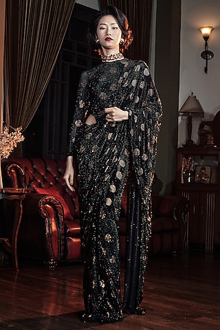 Black & Gold Net Polka Dot Printed Saree Set by ITRH