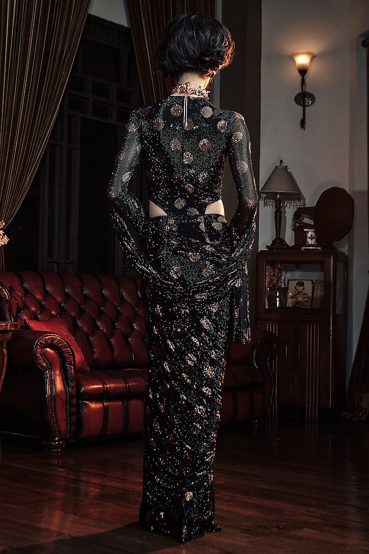 Black & Gold Net Polka Dot Printed Bridal Saree Set by ITRH at Pernia's Pop Up Shop