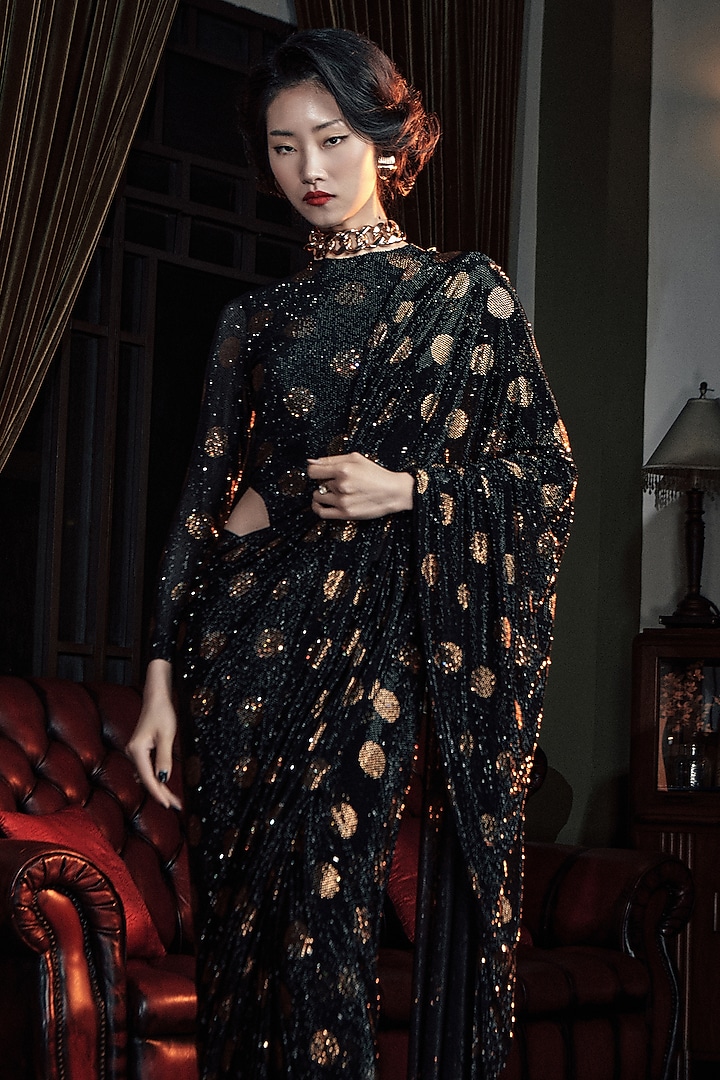 Black & Gold Net Polka Dot Printed Bridal Saree Set by ITRH at Pernia's Pop Up Shop