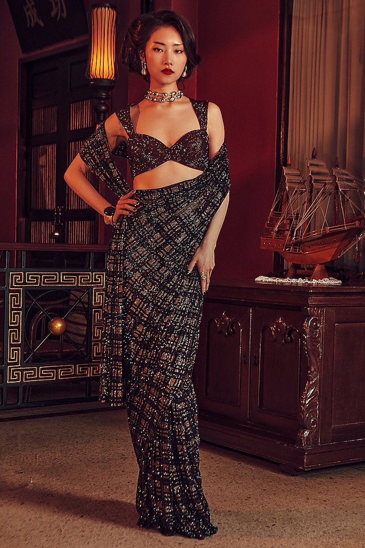 Multi-Colored Net Crystal Embellished Bridal Saree Set by ITRH at Pernia's Pop Up Shop