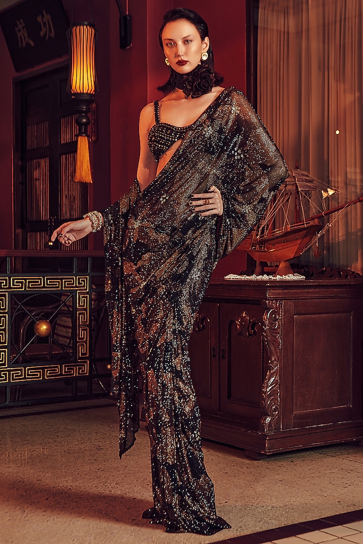 Multi-Colored Net Printed & Crystal Embellished Bridal Saree Set by ITRH at Pernia's Pop Up Shop