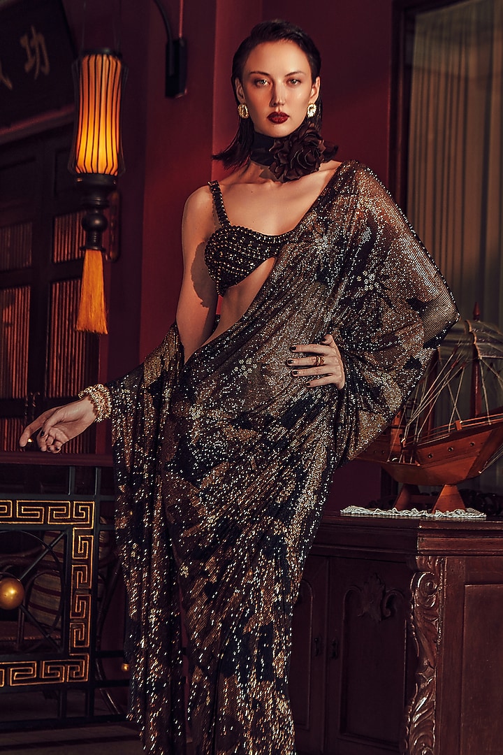 Multi-Colored Net Printed & Crystal Embellished Bridal Saree Set by ITRH at Pernia's Pop Up Shop