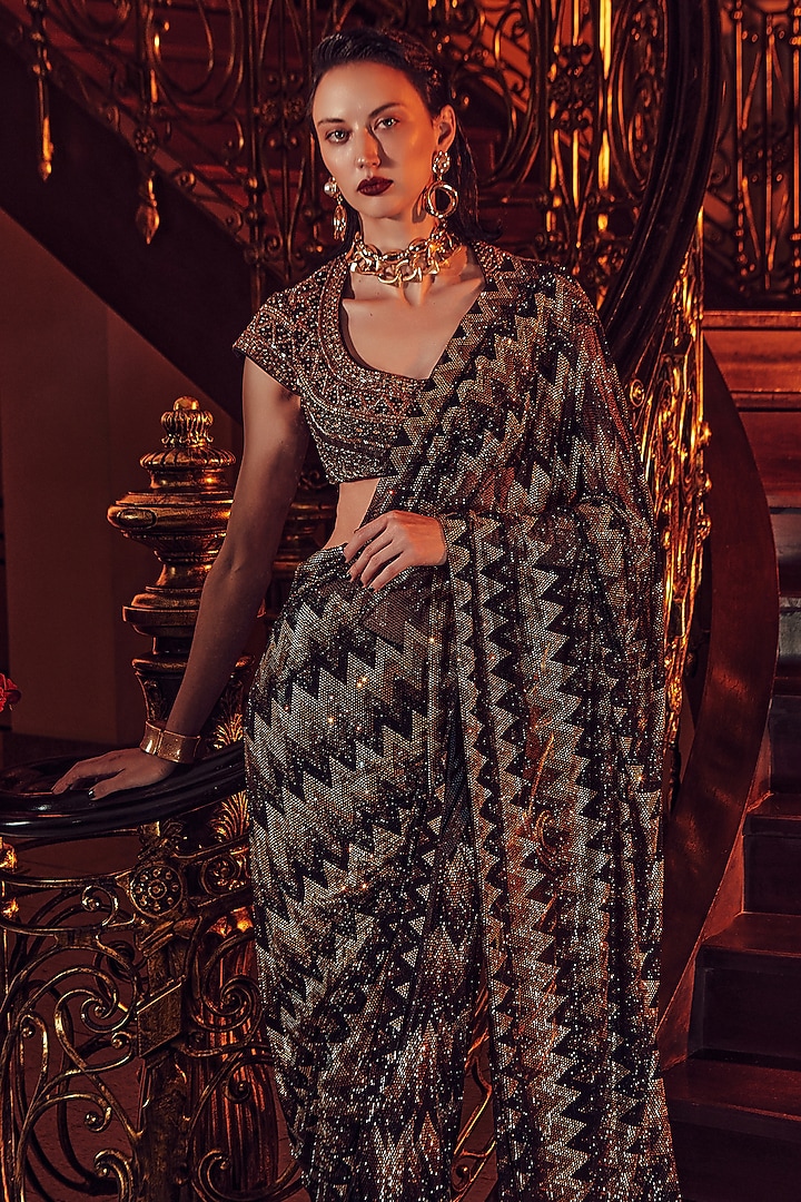 Multi-Colored Net Chevron Printed Bridal Saree Set by ITRH at Pernia's Pop Up Shop