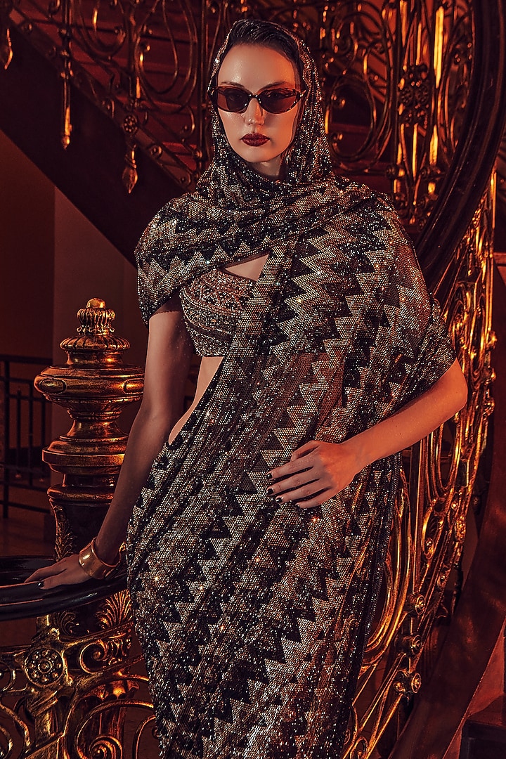 Multi-Colored Net Chevron Printed Bridal Saree Set by ITRH at Pernia's Pop Up Shop