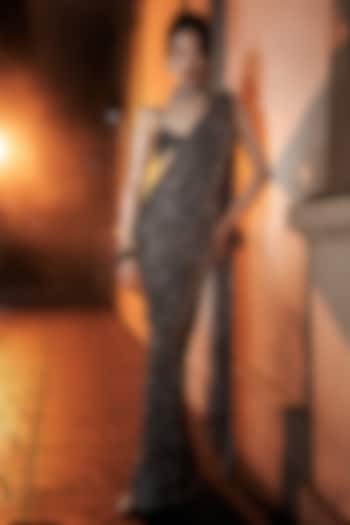 Black & Silver Net Crystal Embellished Bridal Saree Set by ITRH at Pernia's Pop Up Shop