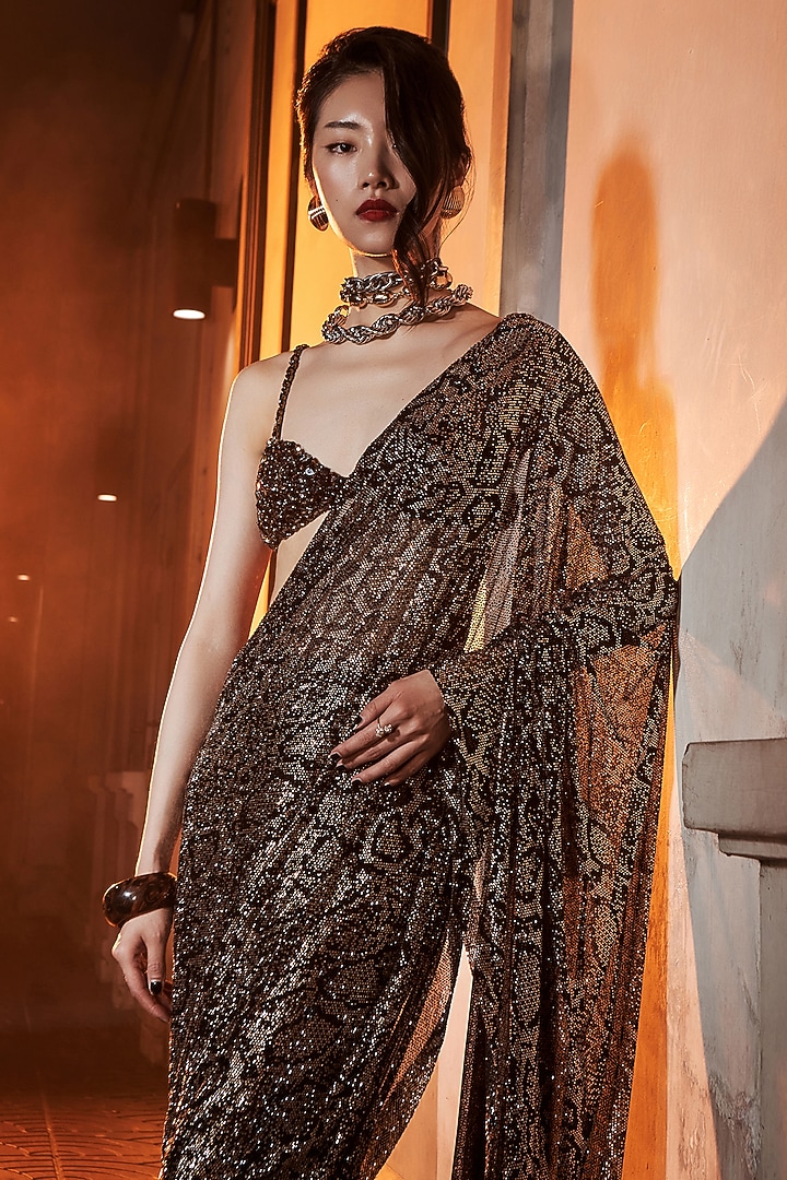 Black & Silver Net Crystal Embellished Bridal Saree Set by ITRH at Pernia's Pop Up Shop
