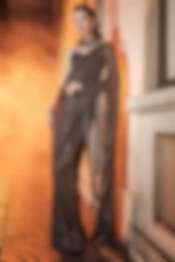 Black & Gold Net Crystal Embellished Bridal Saree Set by ITRH at Pernia's Pop Up Shop