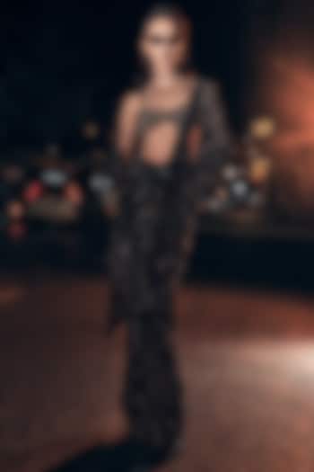 Black & Gold Net Crystal Embellished Bridal Saree Set by ITRH at Pernia's Pop Up Shop