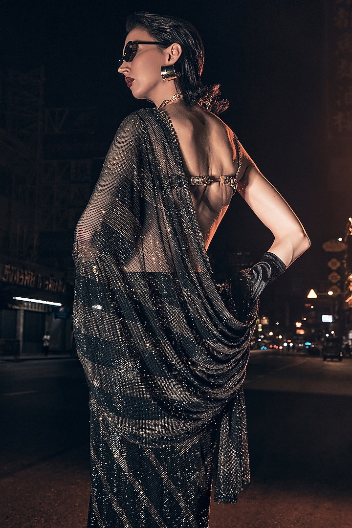 Black & Gold Net Crystal Embellished Bridal Saree Set by ITRH at Pernia's Pop Up Shop