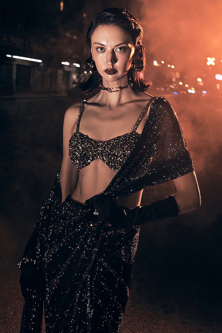 Black & Gold Net Crystal Embellished Bridal Saree Set by ITRH at Pernia's Pop Up Shop