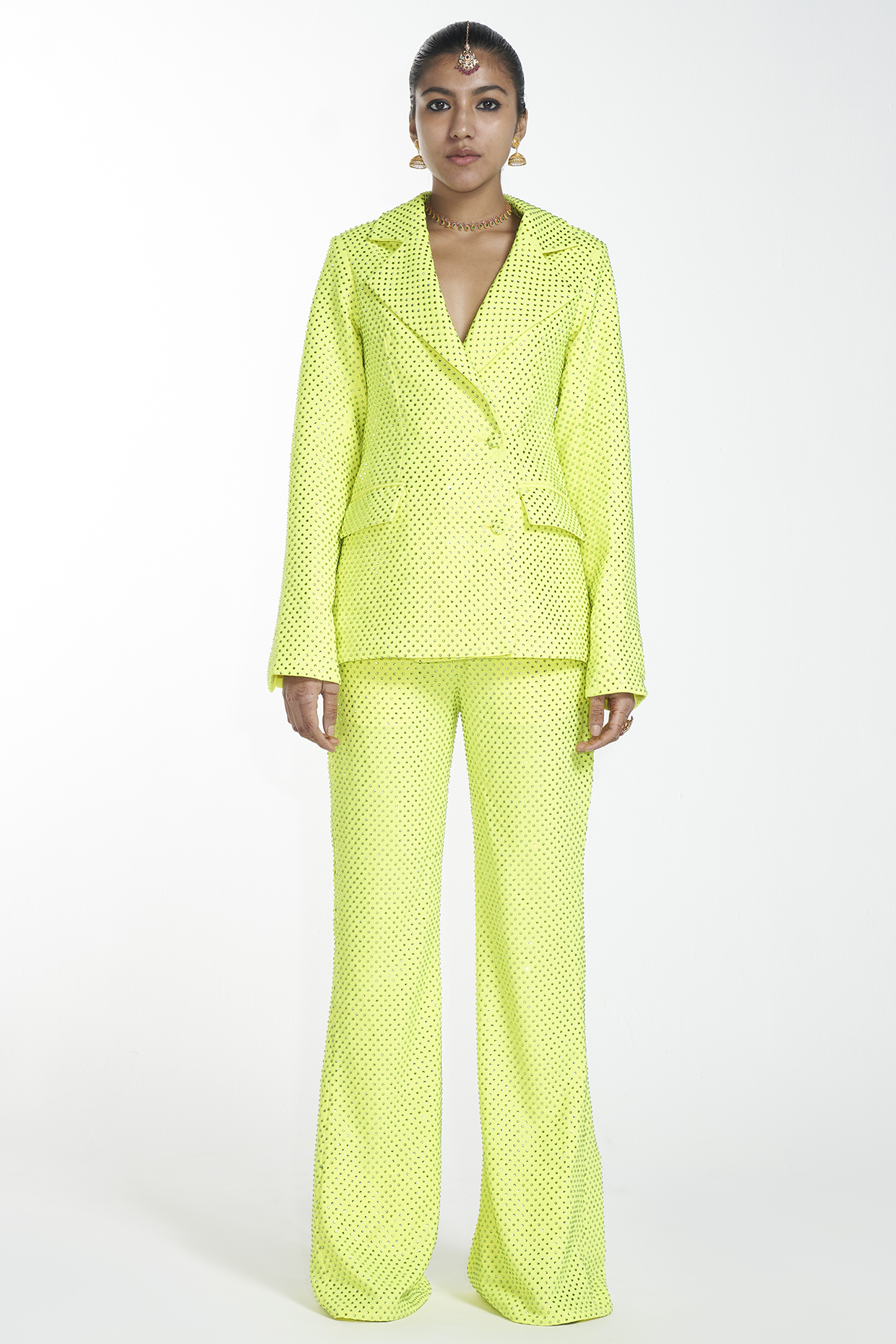 Neon Green Embroidered Blazer Set by ITRH