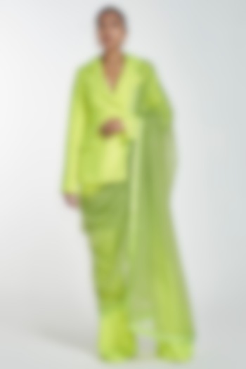 Neon Green Blazer Set With Draped Dupatta by ITRH