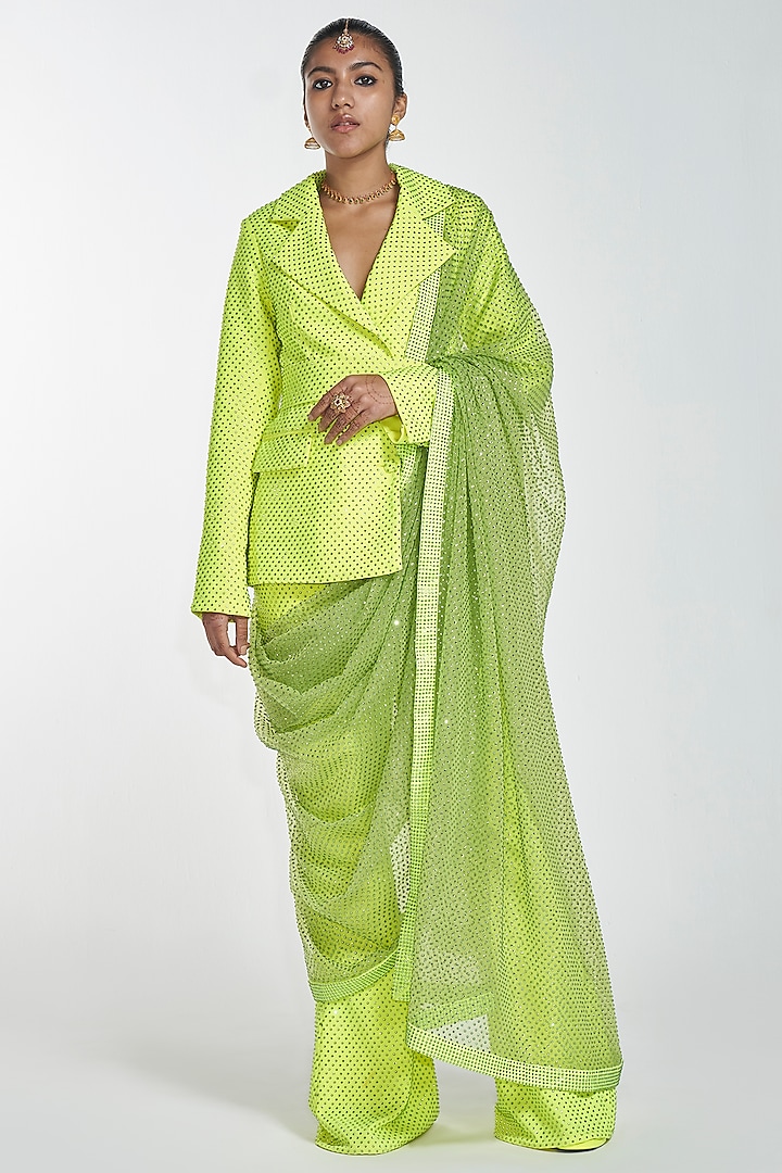 Neon Green Blazer Set With Draped Dupatta by ITRH