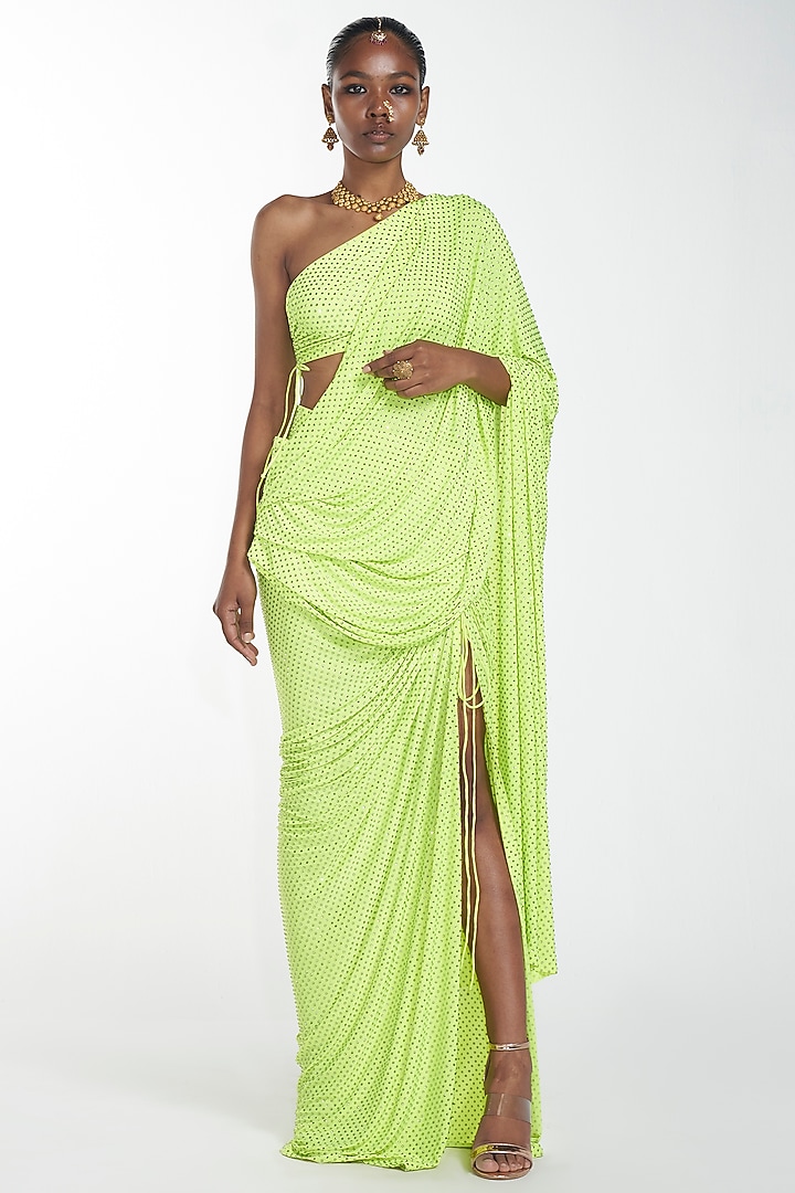 Neon Green Embroidered Slit Reception Saree Set by ITRH at Pernia's Pop Up Shop