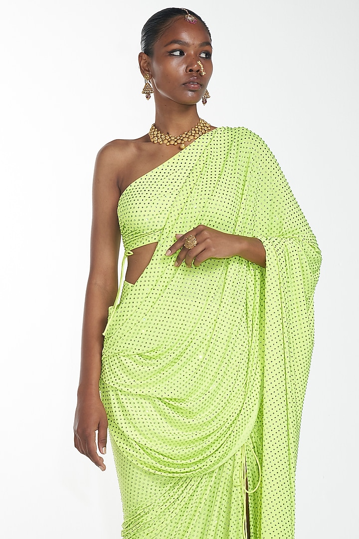 Neon Green Embroidered Slit Reception Saree Set by ITRH at Pernia's Pop Up Shop