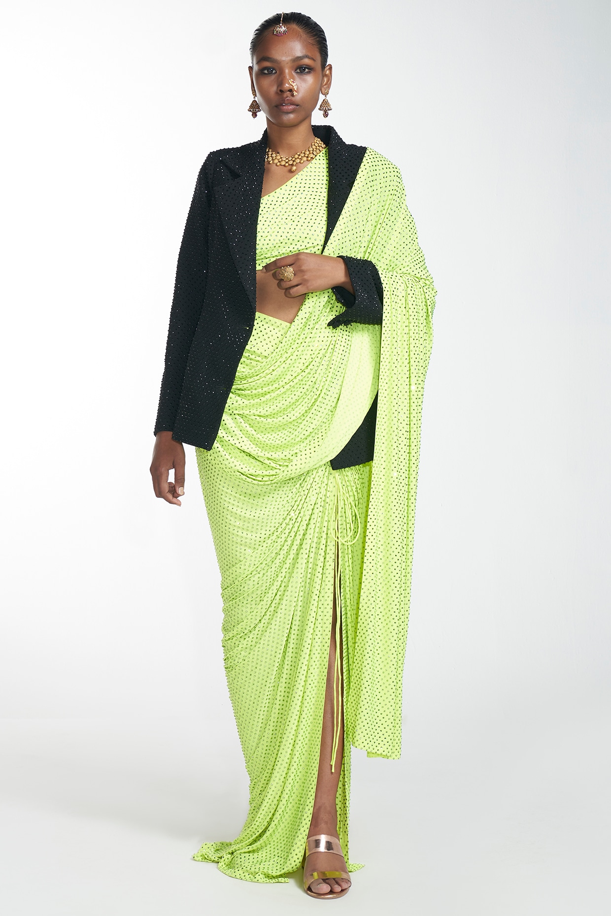 Buy Black Crepe Appliques Geometric Pattern Pre-draped Pant Saree With For  Women by Mini Sondhi Online at Aza Fashions.