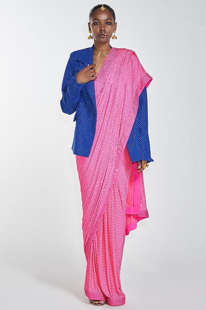 Neon Pink Embroidered Pre-Stitched Saree Set With Blazer by ITRH