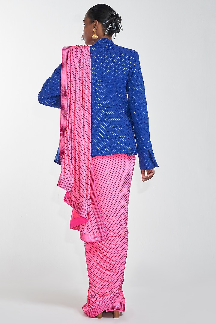 Neon Pink Embroidered Pre-Stitched Reception Saree Set With Blazer by ITRH at Pernia's Pop Up Shop