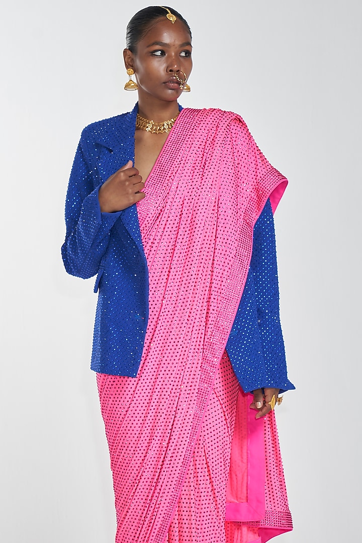 Neon Pink Embroidered Pre-Stitched Reception Saree Set With Blazer by ITRH at Pernia's Pop Up Shop