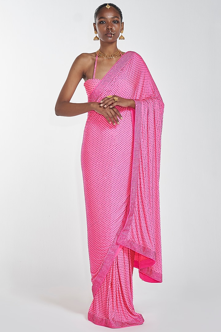 Neon Pink Embroidered Pre-Stitched Reception Saree Set by ITRH at Pernia's Pop Up Shop