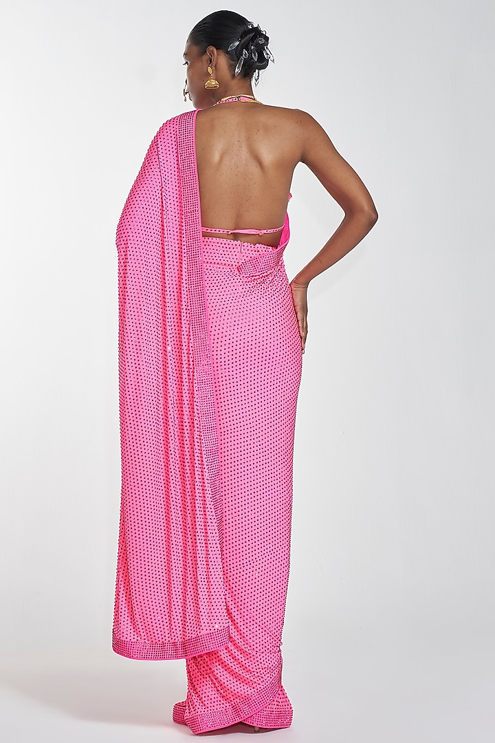 Neon Pink Embroidered Pre-Stitched Reception Saree Set by ITRH at Pernia's Pop Up Shop