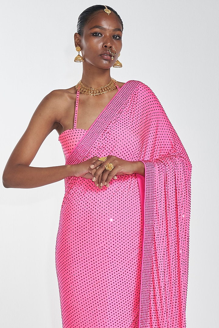 Neon Pink Embroidered Pre-Stitched Reception Saree Set by ITRH at Pernia's Pop Up Shop