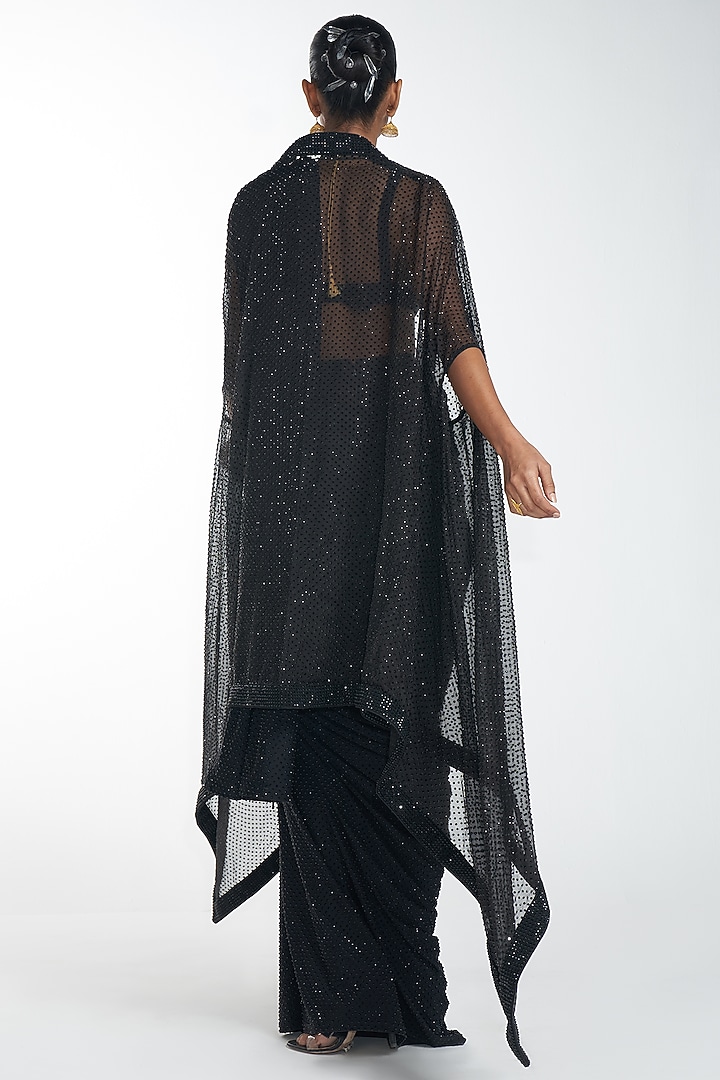 Black Embroidered Slit Reception Saree Set With Cape by ITRH at Pernia's Pop Up Shop