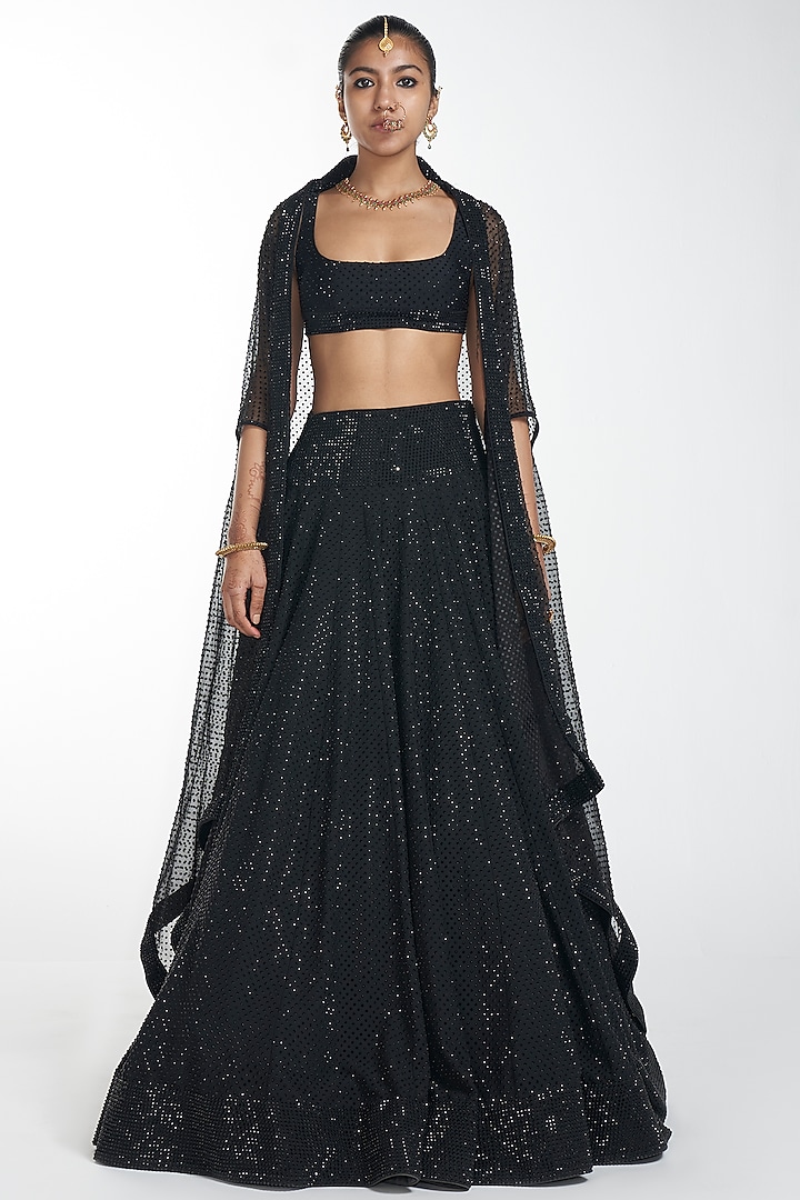 Black Embroidered Lehenga Set With Cape by ITRH