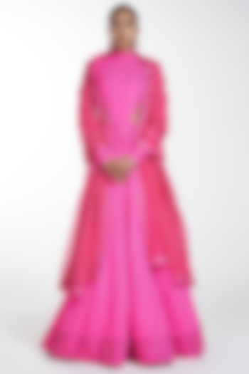 Neon Pink Lehenga Set With Embroidery by ITRH