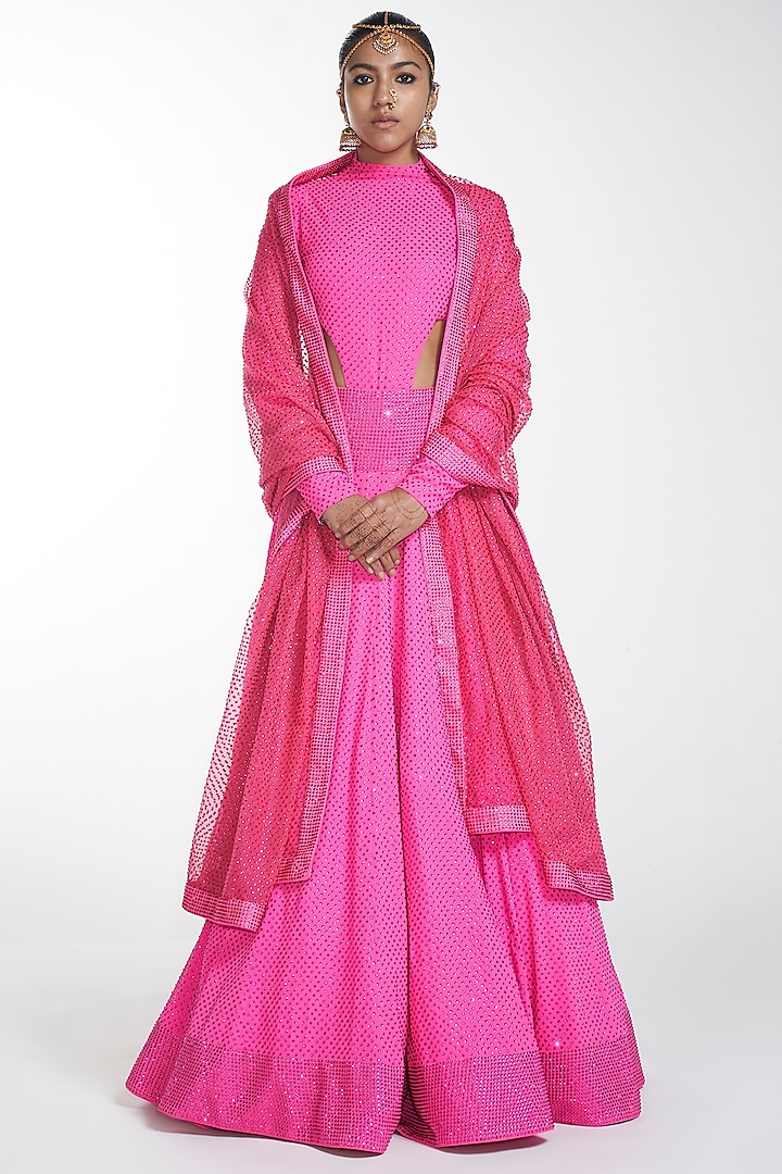 Neon Pink Lehenga Set With Embroidery by ITRH