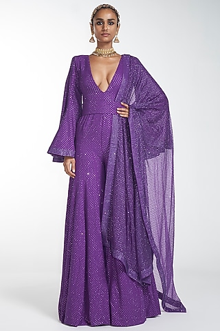 Cadmium Violet Embroidered Jumpsuit With Dupatta by ITRH
