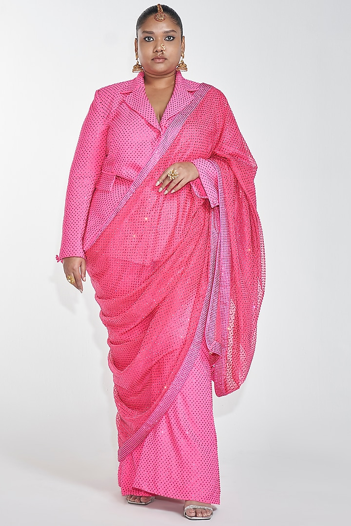 Neon Pink Blazer Set With Draped Dupatta by ITRH