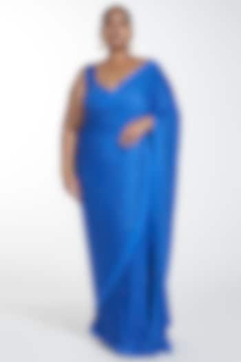 Dark Blue Embroidered Pre-Stitched Reception Saree Set by ITRH at Pernia's Pop Up Shop