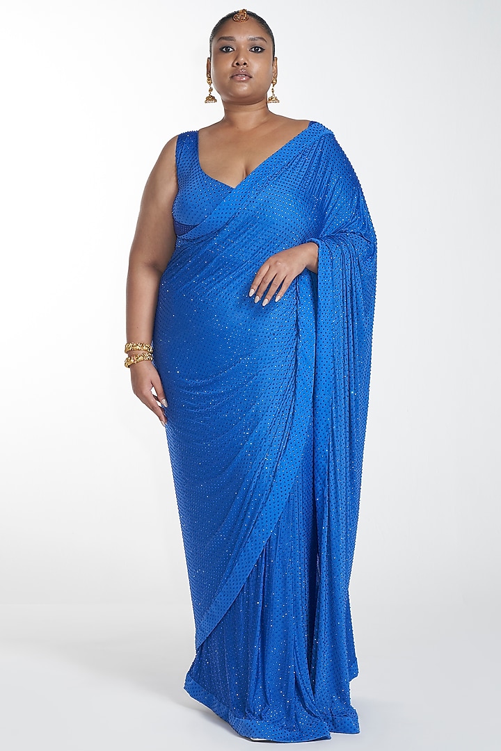 Dark Blue Embroidered Pre-Stitched Reception Saree Set by ITRH at Pernia's Pop Up Shop