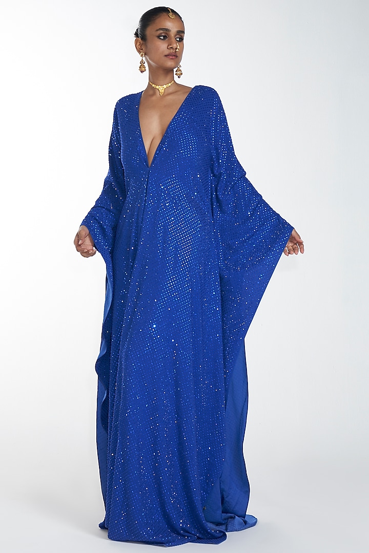 Dark Blue Embroidered Long Kaftan by ITRH at Pernia's Pop Up Shop