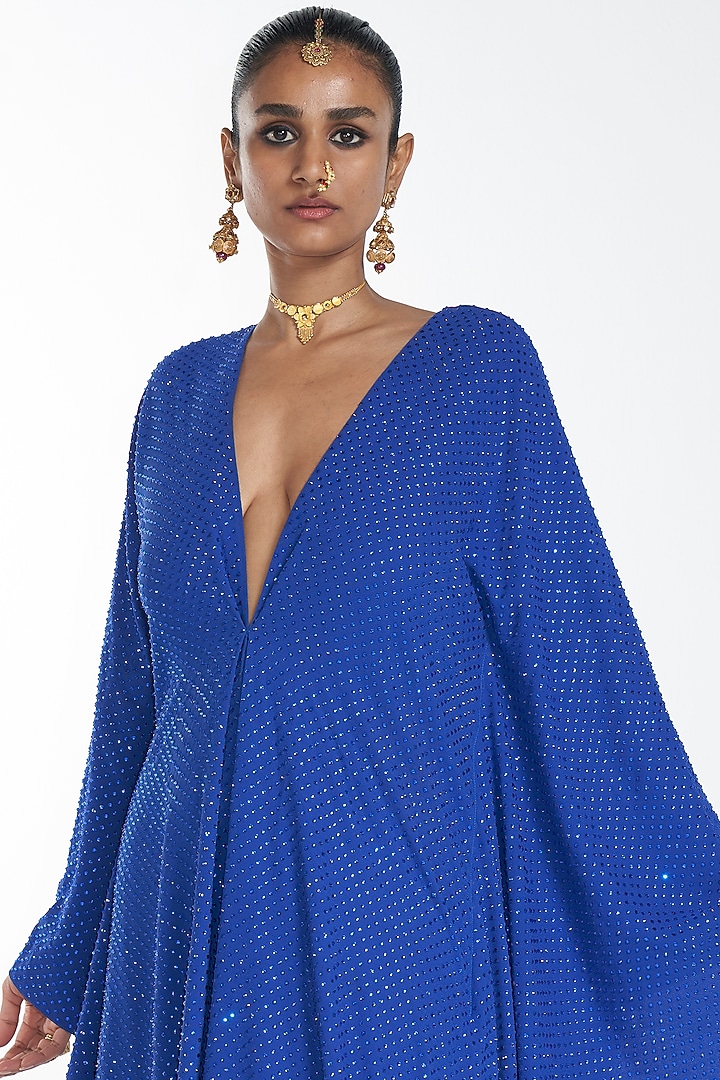 Dark Blue Embroidered Long Kaftan by ITRH at Pernia's Pop Up Shop