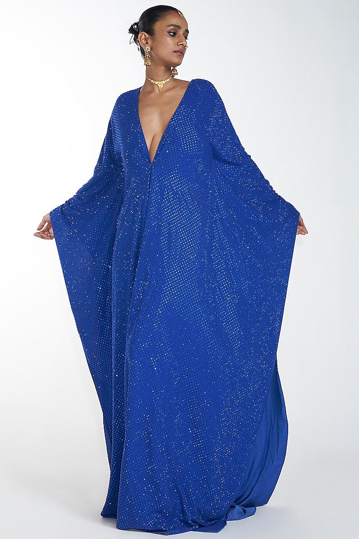 Dark Blue Embroidered Long Kaftan by ITRH at Pernia's Pop Up Shop