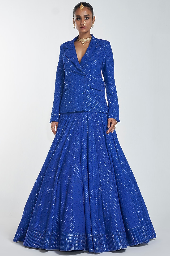 Dark Blue Embroidered Bridal Lehenga Set by ITRH at Pernia's Pop Up Shop